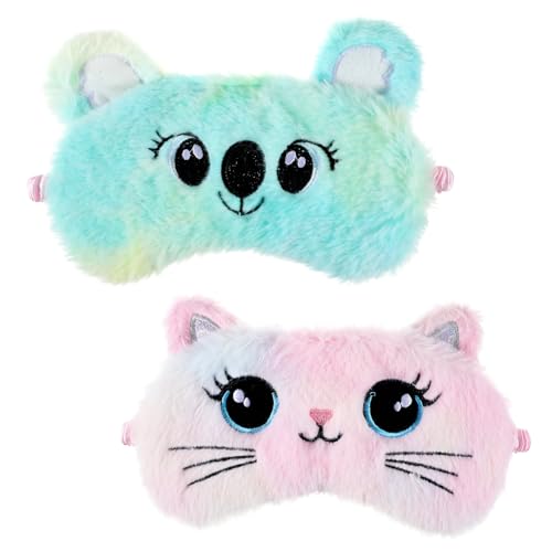 Sleep Mask Kids, 2 Pcs Cute Plush Cat Kids Eye Mask for Sleeping Soft Comfortable Colorful Night Eye Masks Funny Animal Blindfold Eye Cover for Women Home Travel Nap (Cat, Koala) - color: Multicolor, style: Cat, Koala