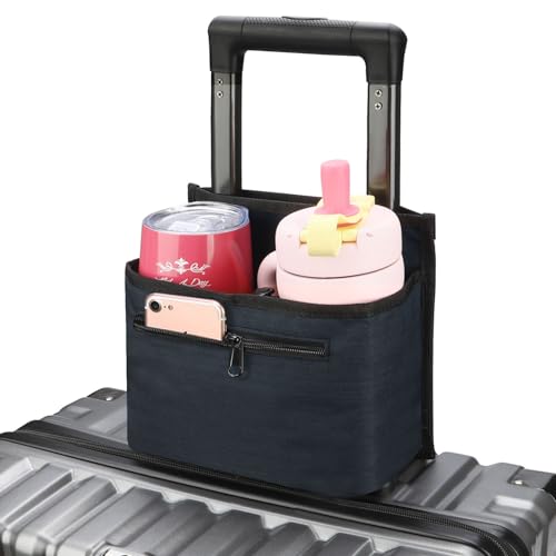 ZHCHG Luggage Travel Cup Holder Attachment for Suitcase Drink Carrier Caddy, Coffee Mug and Tumblers, Traveler Carry on Hands Free Accessory- Gifts for Flight Attendants Travelers Accessories- Navy - color: navy
