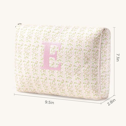 HBselect Initial Quilted Makeup Bag, Pink Cosmetic Travel Toiletry Bag, Flowers Coquette Zipper Make Up Pouch Organizer Teen Girl Gift Trendy Stuff E - color: 1Pc Medium Pinkflower, style: E