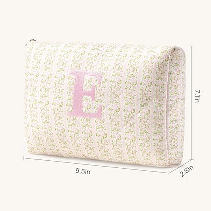 HBselect Initial Quilted Makeup Bag, Pink Cosmetic Travel Toiletry Bag, Flowers Coquette Zipper Make Up Pouch Organizer Teen Girl Gift Trendy Stuff E - color: 1Pc Medium Pinkflower, style: E