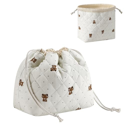 Cotton Quilted Drawstring Makeup Bag with Canvas Lining,Coquette Aesthetic Cute Travel Toiletry Bag,Drawstring Gift Bag for Women and Girls（15Dot Bear） - color: 15Dot Bear