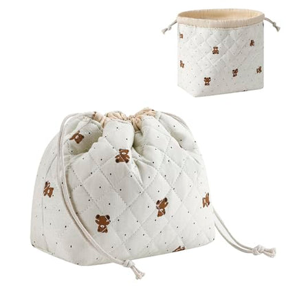 Cotton Quilted Drawstring Makeup Bag with Canvas Lining,Coquette Aesthetic Cute Travel Toiletry Bag,Drawstring Gift Bag for Women and Girls（15Dot Bear） - color: 15Dot Bear