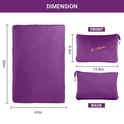 Travel Blanket & Pillow Set, 300 GSM Soft Fleece, 60x43 Inches, 3-in-1 Airplane Blanket, Travel Pillow and Blanket Set, Travel Blanket Airplane Compact with Bag, Travel Essentials, Violet - color: Violet-1