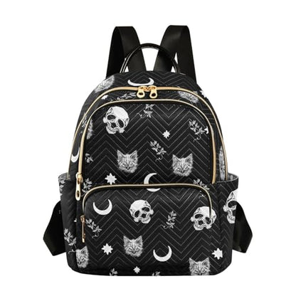 Women Fashion Backpack Purse Casual Lightweight Travel Shoulder Bag Skull Cat Moon Gothic Pattern Rucksack Ladies Bag, Small - color: Skull Cat Moon Gothic Pattern, size: Small