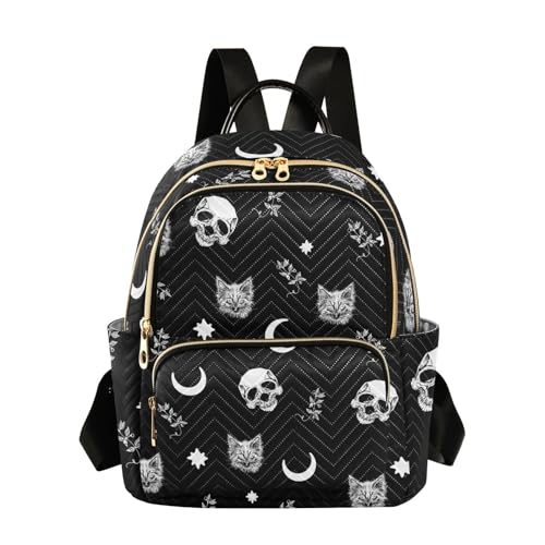 Women Fashion Backpack Purse Casual Lightweight Travel Shoulder Bag Skull Cat Moon Gothic Pattern Rucksack Ladies Bag, Medium - color: Skull Cat Moon Gothic Pattern, size: Medium