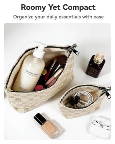 2 Pcs Checkered Makeup Bag Set Canvas Cosmetic Pouch for Women Large & Small Cute Preppy Aesthetic Travel Toiletry Pouch Organizer for Purse Skincare Brushes, Khahi - style: Khahi Checkered Canvas