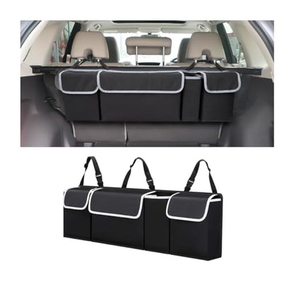 Osilly Car Trunk Organizer with Lid, Backseat Hanging Storage Bag with 4 Pockets & 3 Adjustable Straps, Waterproof PVC Collapsible Cargo Bag, Car Interior Accessories for Auto SUV MPV