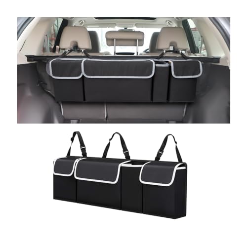Osilly Car Trunk Organizer with Lid, Backseat Hanging Storage Bag with 4 Pockets & 3 Adjustable Straps, Waterproof PVC Collapsible Cargo Bag, Car Interior Accessories for Auto SUV MPV