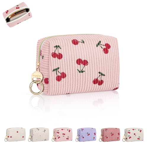 Mini Makeup Bag, Corduroy Small Cosmetic Bag for Purse with Ring Buckle, Cherry Travel Makeup Pouch for Lipsticks, Chapsticks, Coin, Earphone, Credit Card (Light Pink) - color: Cherry-Light Pink