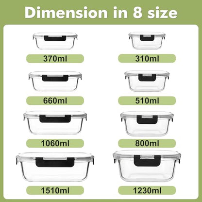 Liuruiyu 8 Pack Glass Food Storage Containers with Lids, Meal Prep Containers, Airtight Bento Boxes with Leak Proof Locking for Microwave, Oven, Freezer and Dishwasher, BPA Free - color: transparent