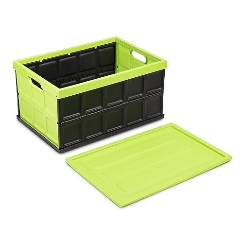 Glad Collapsible Storage Bin with Lid - 48L Foldable Plastic Box for Garage, Car Trunk, and Organization - Stackable Lidded Container with Handles, Green - color: Green