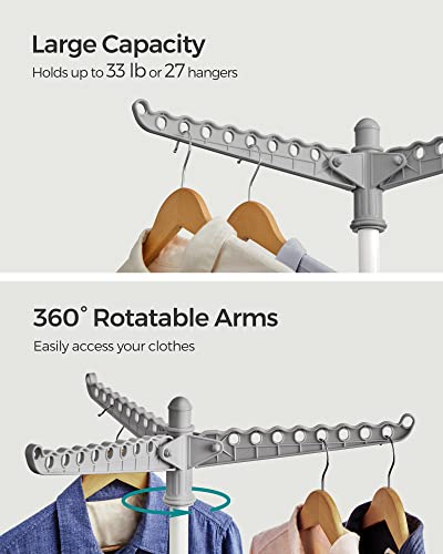 SONGMICS Clothes Drying Rack, 59-Inch Folding Laundry Drying Rack with 3 Rotatable Arms for Hangers, 4 Legs, Stainless Steel, for 27 Pieces of Clothes, Gray and White ULLR510G01 - color: Gray + White, style: 1-Tier