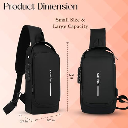 Unisex Anti-Theft Sling Bag with USB Port, Water-Resistant Crossbody Chest Backpack for Travel & Work - color: Black
