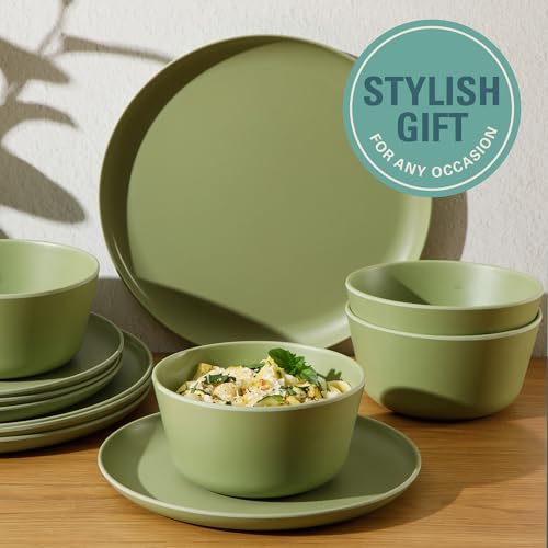 Gibson Home Fairhope 12-Piece Matte Green Melamine Dinnerware Set – Durable Lightweight Plates and Bowls, Kitchen Dining Set - color: Matte Green (Fairhope), size: Service for Four (12pcs)