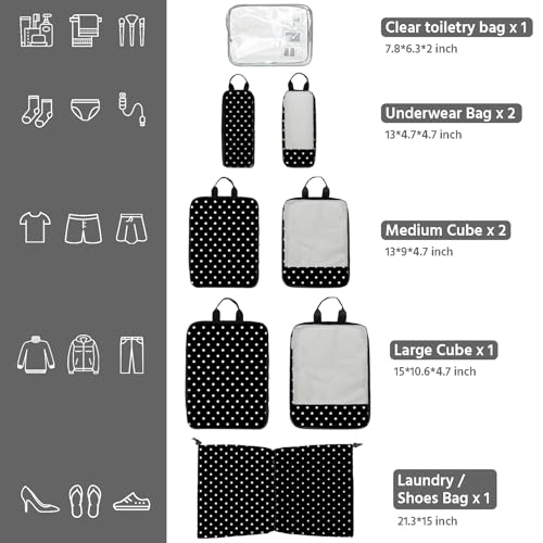 7 Pcs Compression Packing Cubes for Travel, Waterproof Suitcase Luggage Backpack Organizer with Toiletry Bag Travel Essentials for Women/Men-Polka Dots - color: Black-Polka Dots