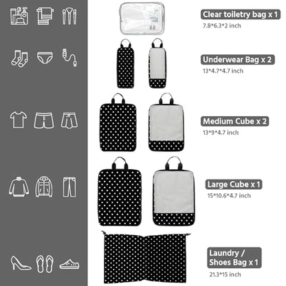 7 Pcs Compression Packing Cubes for Travel, Waterproof Suitcase Luggage Backpack Organizer with Toiletry Bag Travel Essentials for Women/Men-Polka Dots - color: Black-Polka Dots