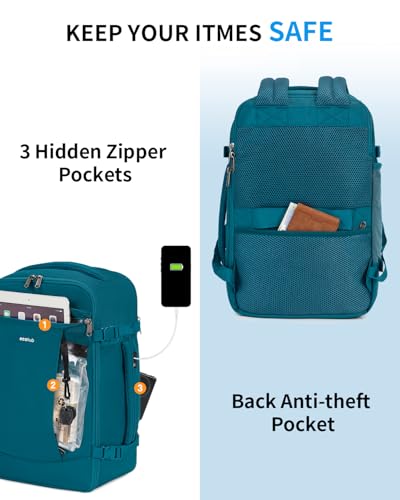 ECOHUB Travel Backpack for Men Women, Carry on Backpack with USB Charging Hole, Spirit Airlines Personal Item Bag Flight Approved, 15.6 Inch Laptop Backpack with Anti Theft Pockets, 30L, Blue Green - color: Blue Green, size: 18 inch underseat