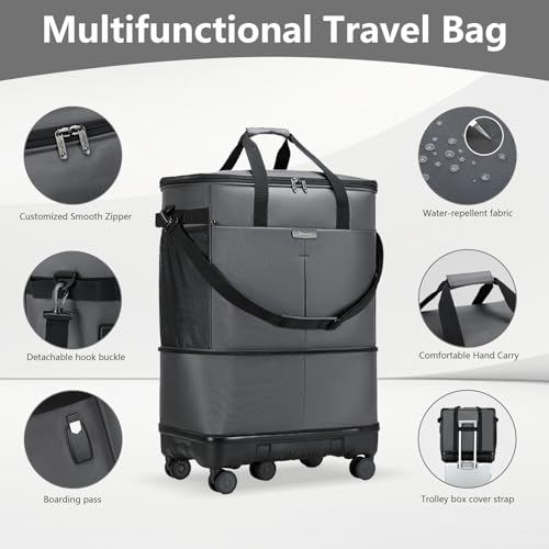 Large Capacity Rolling Duffle Bag with Detachable Wheels,Expandable Foldable Suitcase for Travel,Collapsible Luggage Duffel Overnight Weekend Bags without Telescoping Handle - color: Grey