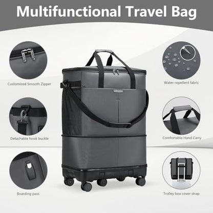 Large Capacity Rolling Duffle Bag with Detachable Wheels,Expandable Foldable Suitcase for Travel,Collapsible Luggage Duffel Overnight Weekend Bags without Telescoping Handle - color: Grey