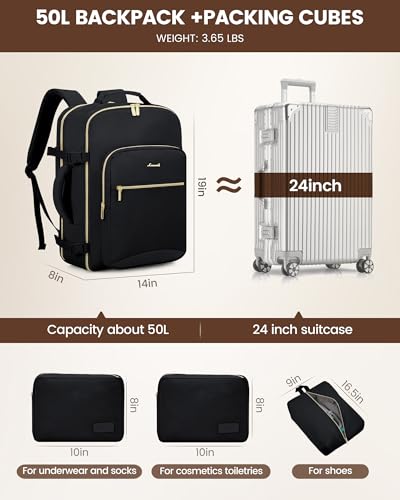 LOVEVOOK Travel Backpack for Women & Men 50L,Airline Approved Carry On Backpack Travel Essentials,TSA Carry on Luggage,Waterproof Personal Item Travel Bag,Suitcase with 3 Packing Cubes,Black-Black - color: Black-black, size: X-Large-50L-4Pcs