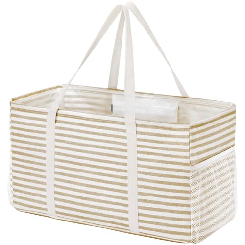 Lifewit Extra Large Tote Bag, Reusable Grocery Bags with Metal Wire Frame and Handles, Standing Utility Foldable Shopping Bags for Storage, Picnics, Beach, Laundry, Car, 46L, 1 Pack, Beige - color: Beige