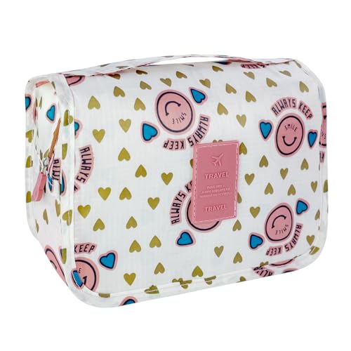 Portable Hanging Toiletry Bag for Travel,Small Multifunctional Makeup Cosmetic Bag for Women,Waterproof Travel Toiletries Organizer,Shower Bathroom Pouch with Hook for Gym,Camping - Pink Smiley - color: Pink Smiley