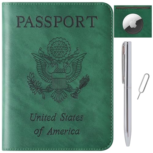 Airtag Passport Holder for Travel Essentials Wallet Rfid Blocking Cover Leather Case Vacation Travel Accessories for Women Men (601#Green) - color: 601#Green, style: For Airtag