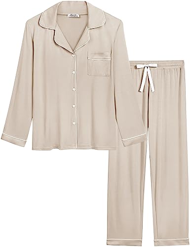 Cherrydew Women Bamboo Viscose Pajama Sets Super Soft Comfy Breathable Cooling Sleepwear Long Sleeve Button Down Loungewear - color: Cream, size: Small