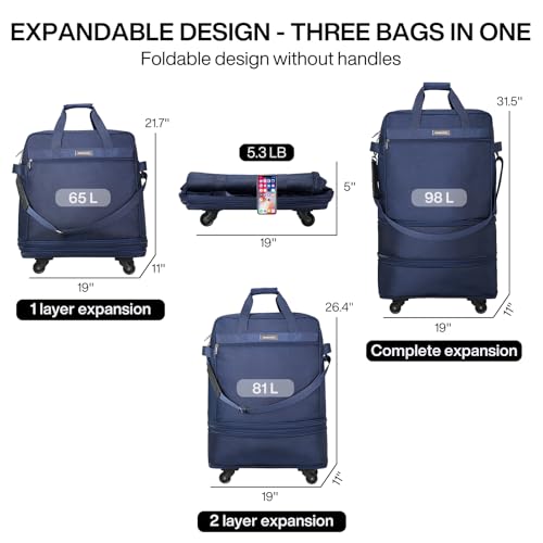 Hanke Suitcases with Wheels Expandable Foldable Luggage Bag Suitcase Collapsible Rolling Travel Bag Duffel Bag for Men Women Lightweight Suitcases without Telescoping Handle, Blue - color: Blue Upgrade Version