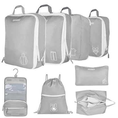 8 Set Expandable Compression Packing Cubes for Suitcases Travel Essentials Carry On Waterproof Storage Bag With Dry And Wet Separation Grey - color: Grey