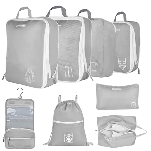 8 Set Expandable Compression Packing Cubes for Suitcases Travel Essentials Carry On Waterproof Storage Bag With Dry And Wet Separation Grey - color: Grey