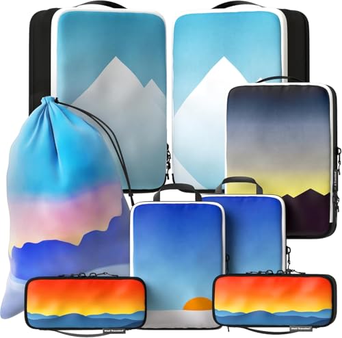 Well Traveled 8 pcs Compression Packing Bags Cubes Set with HybridMax Double-Capacity Design - Packing Cubes for Travel Compression to Maximize Limited Luggage Space, Vista - color: Vistas, size: 8-piece