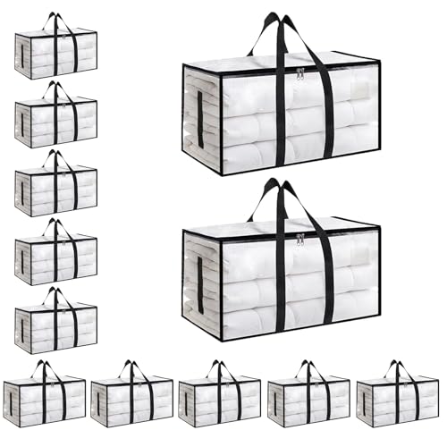 12 Pack-Extra Large Heavy Duty Moving Bags - Waterproof Storage Totes with Handles & Zippers, Foldable for College Dorm, Storage (Clear) - color: Clear, size: 12