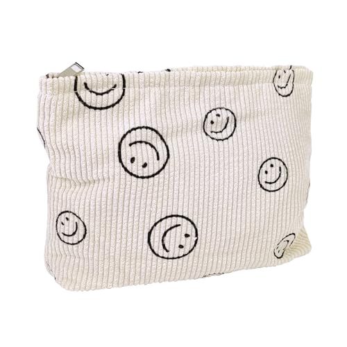 Corduroy Makeup Bag - Smiley Face Cosmetic Bags for Women, Large Skincare Travel Must Have Items, Cute Pouch Organizer and Toiletry Bag for Purse (Beige) - color: Beige