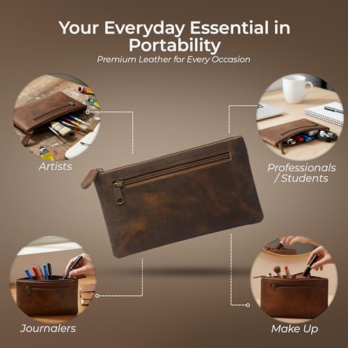 WANDERINGS Genuine Leather Pencil Pouch Case 9" x 5.25" - Hand Crafted Brown Leather Zipper Pouch - Slim Pencil Case Holder for Men and Women - Pencil Bag for Artists Students Professionals - size: Regular (9"x5.25")