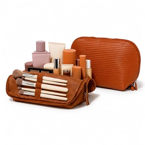 APT 1101 Large Standing Foldable Makeup Bag for Travel, Vertical Folding Down Design, Organized Cosmetic & Skincare Bag for 2–4 Week Trips (Chocolate, Medium) - color: Chocolate, size: Medium