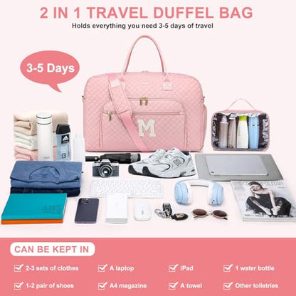 Letter Travel Duffle Bags for Women - Initial Personalized Weekender Bag with Shoe Compartment Carry On Overnight Bag with Toiletry Bag Duffel Bags Hospital Bags Birthday Gifts Pink (Letter M) - color: Z-Pink M