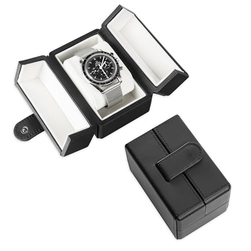 Single Travel Watch Case - Vintage Inspired - Exterior, Soft Microfiber Lining, Fits Up to 42mm Watches - Vegan Leather - Reliable Storage for Home or Travel - color: BlackCream