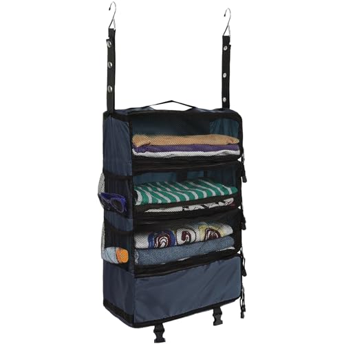 Surblue Travel Hanging Luggage Organizer Portable Suitcase Closet Organizer Multiple Compartments Collapsible Compression Packing Cubes Shelf, Navy, M - color: Navy-A, size: M_14.5×7×22.5in