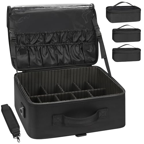 Relavel Large Makeup Bag with 3 Removable Pouches, Travel Train Case Cosmetic Organizer Carrying Box for Makeup Artists Hairstylist with Adjustable Dividers, Brush Holder and Shoulder Strap, Black - color: black with 3 clear bags, size: Large