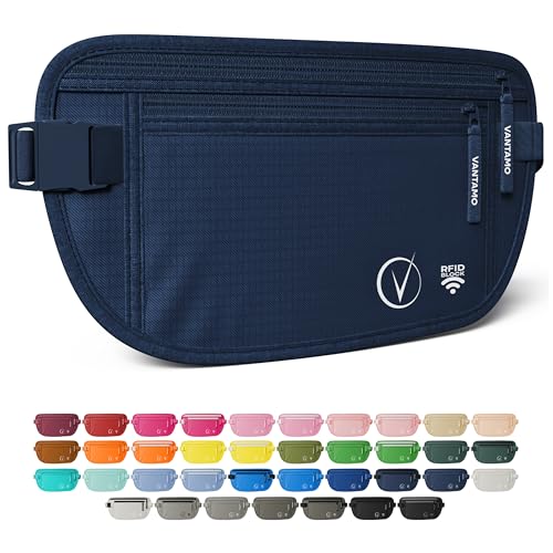 Vantamo Money Belt with RFID For Men & Women, Hidden Passport Holder for Travel, 2 Compartment Travel Fanny Pack for Women Anti Theft - color: Deep Blue