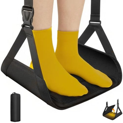 Airplane Foot Hammock, No Collapse Foot Rest for Air Travel with Thickened Bamboo, Portable Leg Hammock for Plane Travel to Relax Your Feet, Foot Sling for Long Flights with Memory Foam (Black-B)