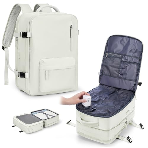 WONHOX Vacuum Seal Backpack for Travel with Air Pump Compression Vacpack Personal Item Carry on Flight Approved Daypack Laptop Space Saver Bags Storage with Vacuum System Travel Bag Women Men Beige - color: A21-beige