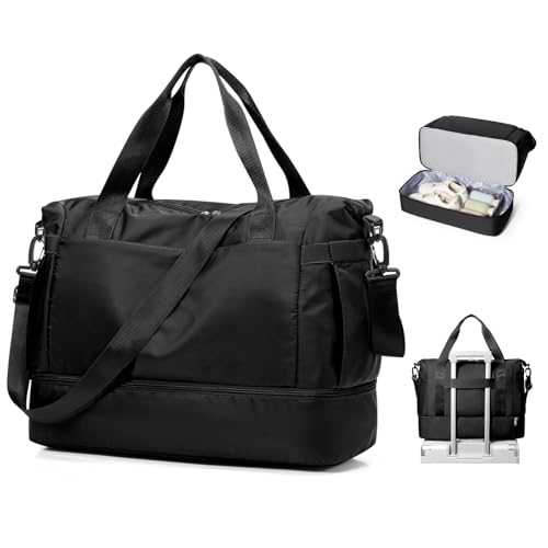 Small Black Gym Duffle Bag for Women Men with Shoe Compartment, Mini Cute Weekender Handbag Carry on Travel Bag for Airplane, Water Resistant Sports Yoga Tote Bag with Dry Wet Separated Pocket. - color: A1-Black with Shoe Compartment