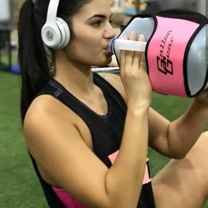 Half-Gallon Fitness Hydration Cover | Neoprene Insulated Cooling & Portable Gym Water Bottle Carrier | CASE with Storage Pockets - color: Hot Pink