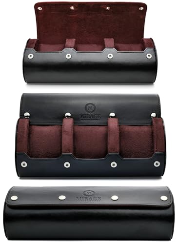 Watch Roll Case Organizer - Watch Travel Case for Men and Women - 3 Watch Carrying Case and Display - Jade Black with Mahogany Brown Interior Vegan Leather - color: Jade Black 3-watch case
