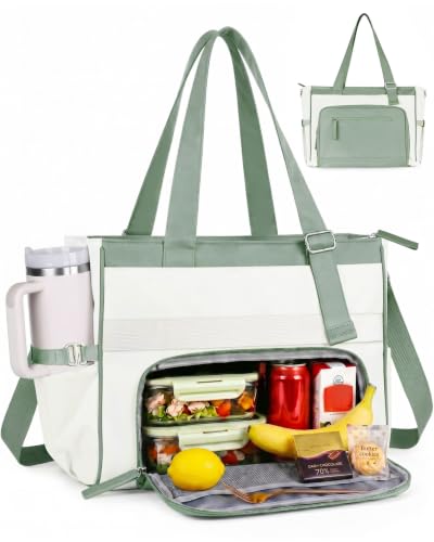 HOMESPON Lunch Bag, 24.5L Large Tote Bag for Women, Laptop Bag Fits 15.6" with Insulated Lunch Compartment & Shoulder Strap, Work Tote for Nurse, Teacher, Office, Commute, Travel, Beige-green - color: Green