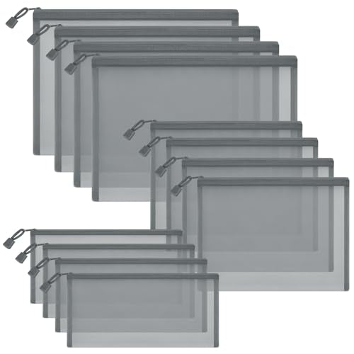 12 Pieces Zipper Nylon Mesh Pouch, Mesh Cosmetic Bags Makeup Bags Pencil Case, Multipurpose Travel Bags for Cosmetic School Office Supplies and Travel Accessories (Grey, Assorted Sizes) - color: Grey, size: Assorted Sizes