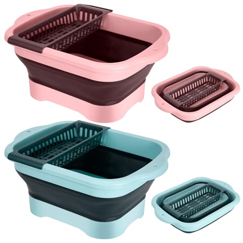 2-Pack Foldable Wash Basin for Vegetables,Collapsible Portable Sink Set in Pink & Green,Kitchen Storage Tray-Laundry,Dishes,Indoor,Outdoor,RV & Camping-Leak-Proof Drain Design