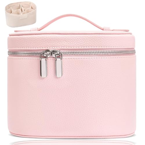 Leather Make Up Bags With Compartments, Pink Travel Cosmetic Bags for Women, Parallel Makeup Travel Bags Organizer Equipped With a Detachable Divider - color: pink